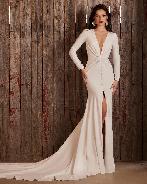 Lp2248 long sleeve simple wedding dress with slit and keyhole back1